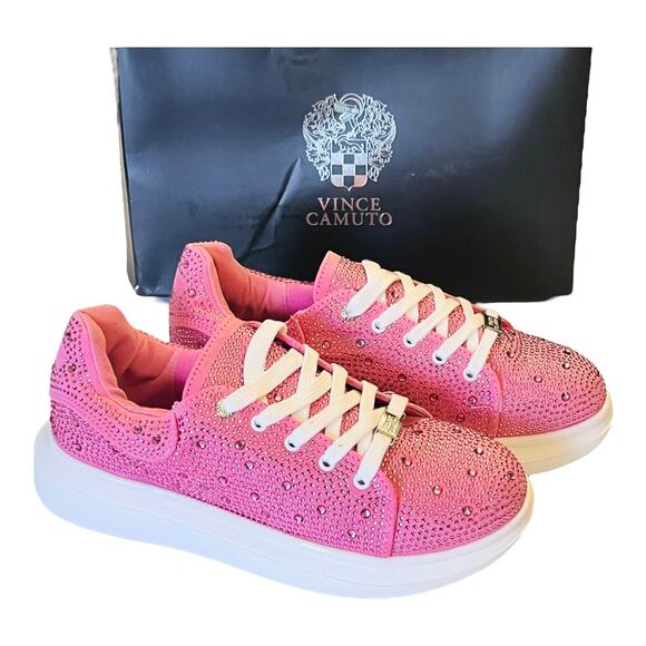 NEW Vince Camuto Studded PLATFORM SNEAKERS Girls 3 Pink Rhinestone Lace Up SHOES - Picture 2 of 10